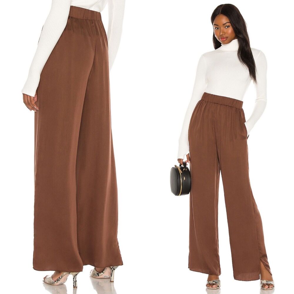 L'Academie Size S Pajama Pant Brown Tencel Satin Pull On Wide Leg